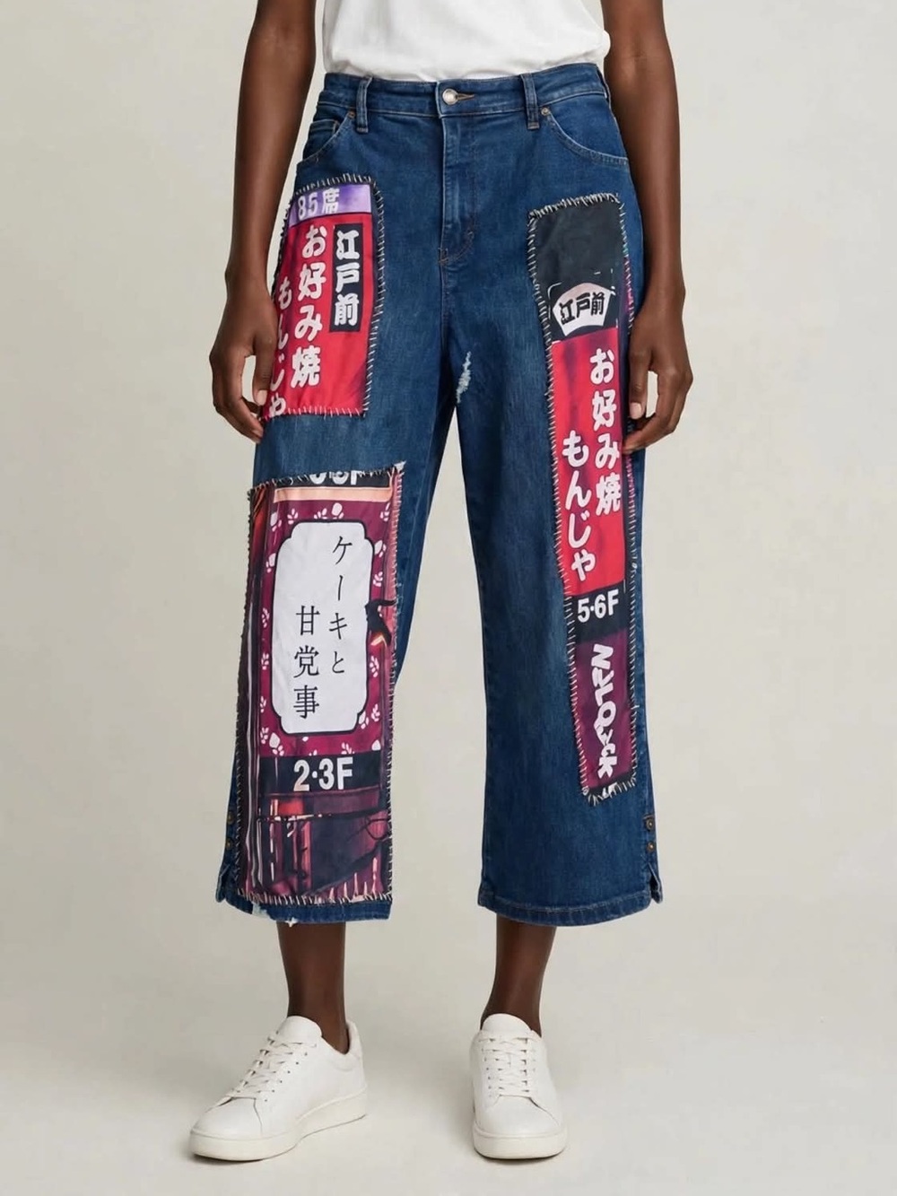 OOAK Reworked Japanese Kanji Patchwork Jeans Harajuku Streetwear Wide-Leg Y2K